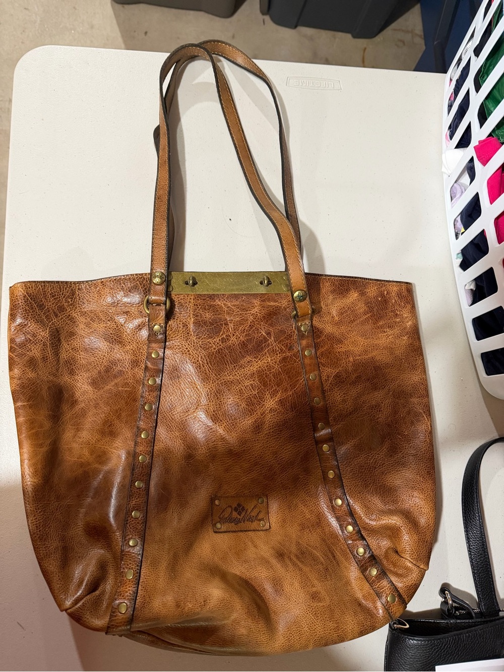 Patricia Nash Vintage Brown Leather Studded Tote Bag